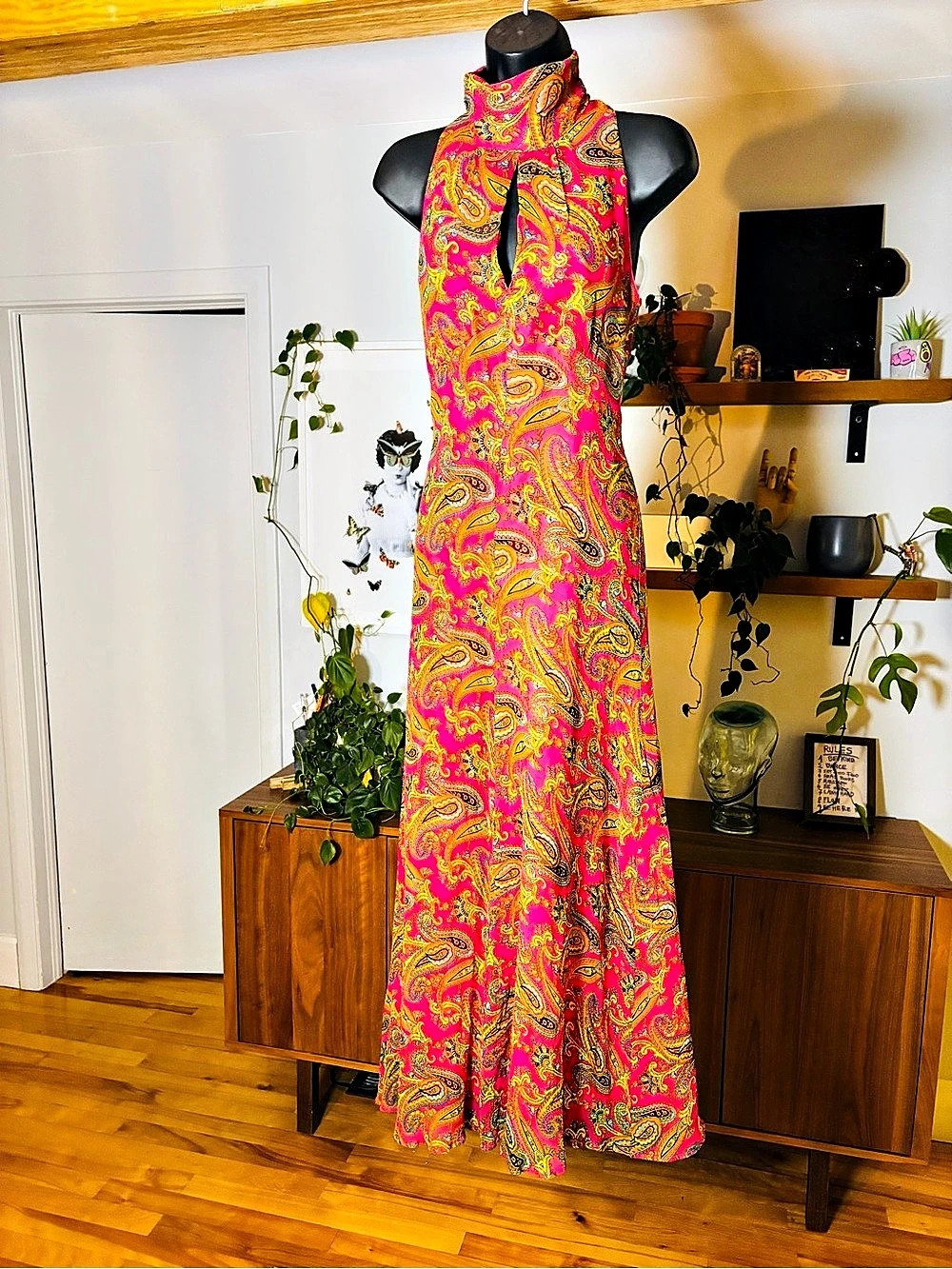 Vintage 60s 70s Handmade Psychedelic Paisley Maxi Dress Halter Keyhole Pink M/L